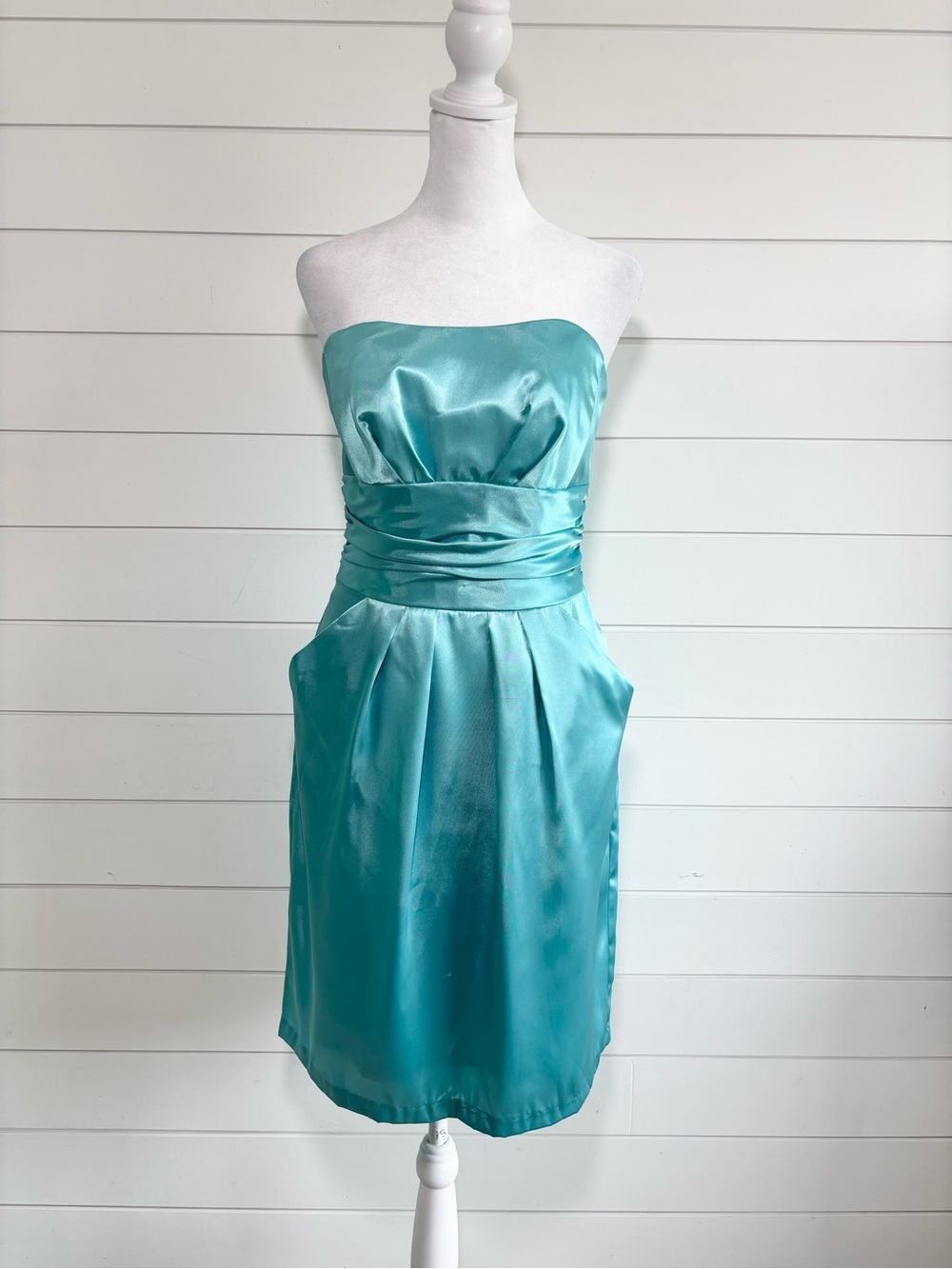 David's Bridal Blue Teal Short Charmeuse Dress with Ruched Waist and Pocket 4